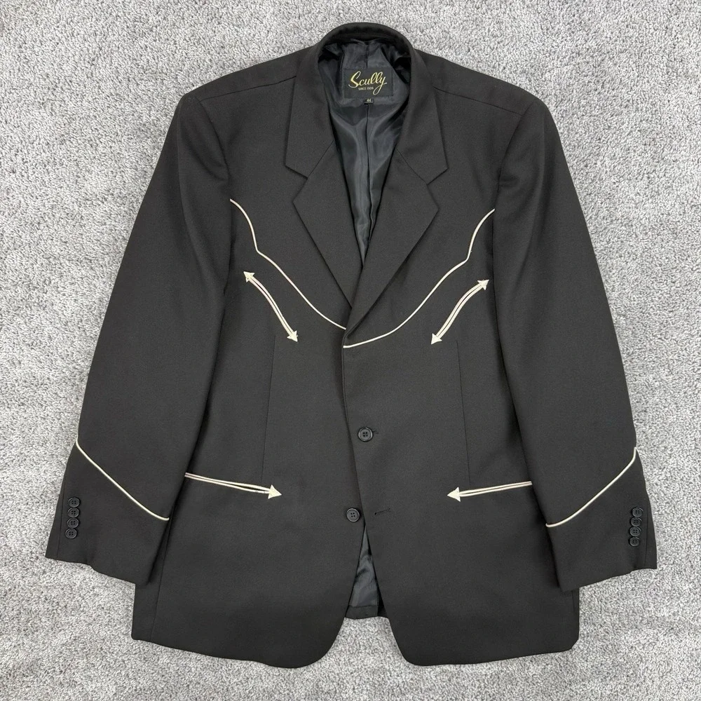 Scully Blazer Men's 44 Black Retro Western Jacket Yokes Piping Smile Pockets